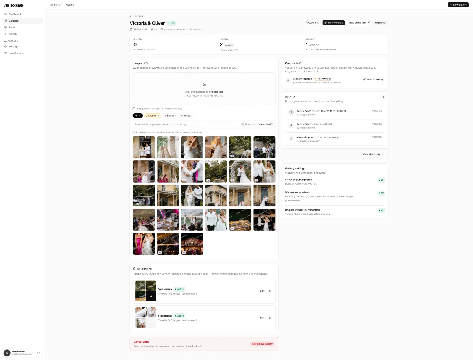 Building a wedding gallery in the Vendrshare editor
